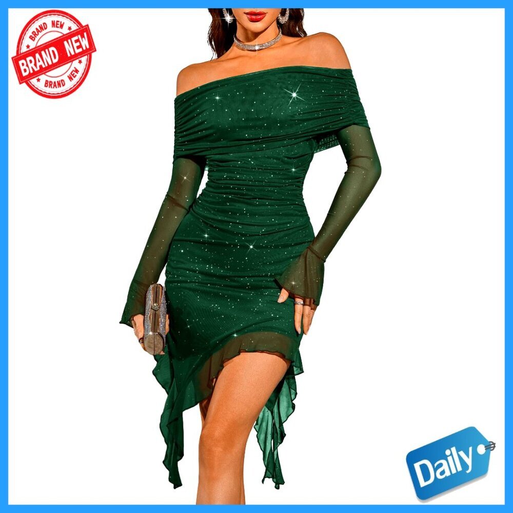 Sequin Bodycon Dress Off Shoulder Long Sleeve Formal Party Elegant Chic